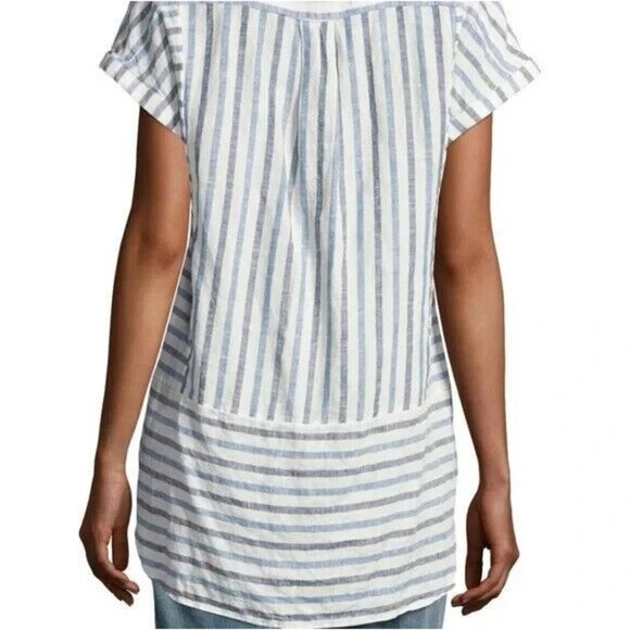 Two by Vince Camuto Medium Woven Striped Tunic Top Blue Linen Cuffed Cap Sleeve - Picture 2 of 12